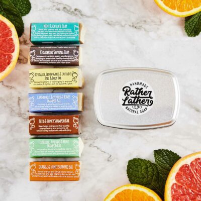 Mini Travel set- 3 mini soaps of your choice, including shampoo, shaving & face & body, included in a handy tin