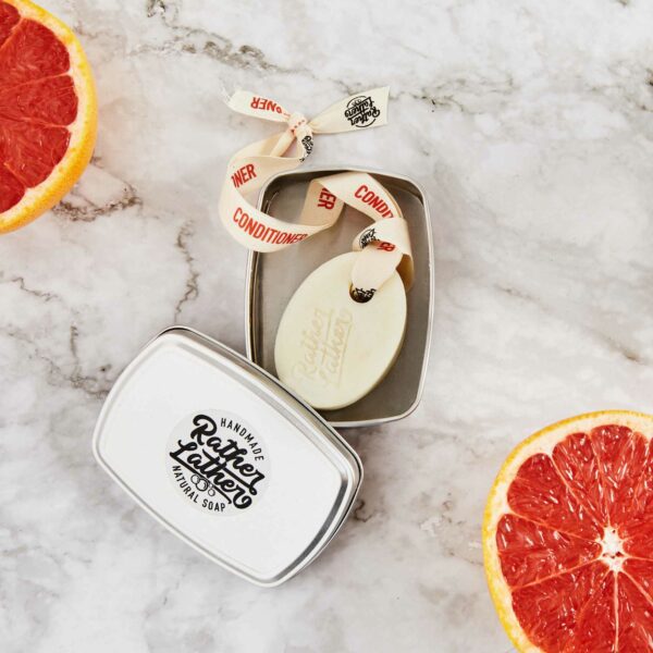 Pink grapefruit conditioner, on a rope with a handy tin for storage